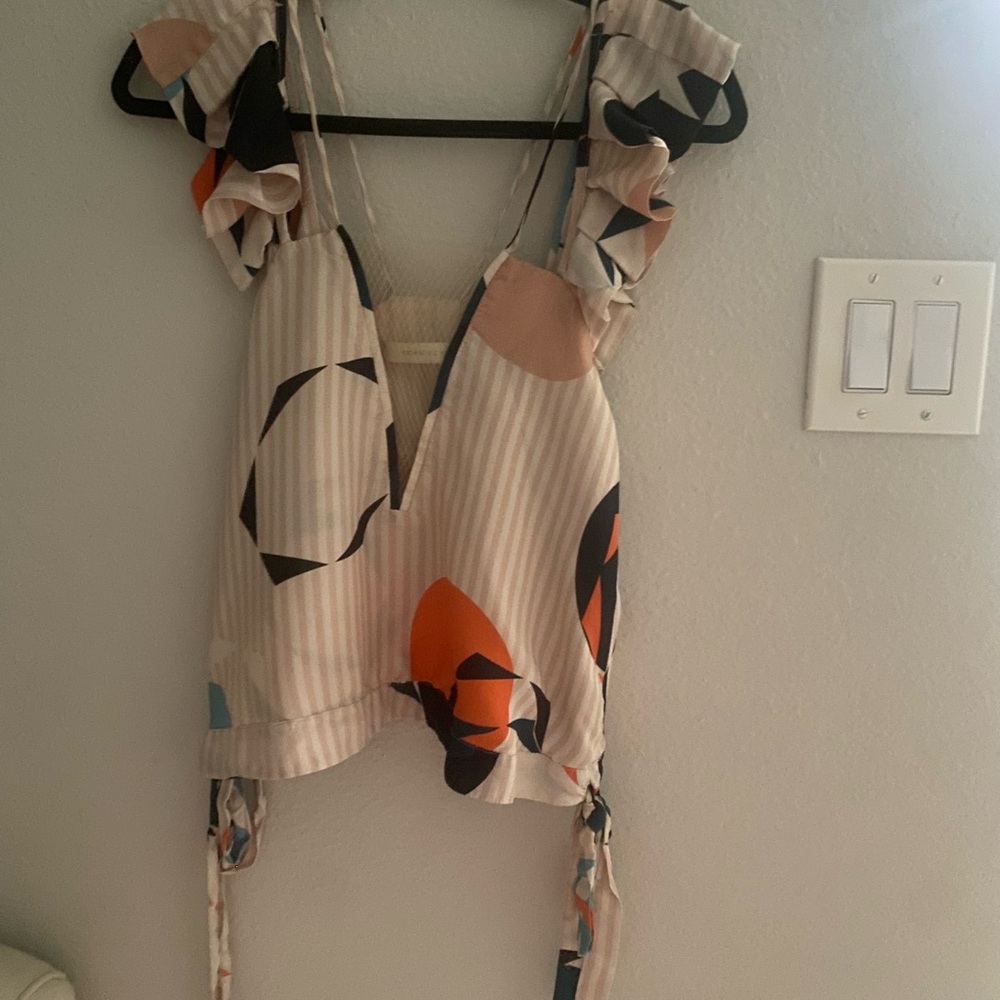 Women’s Beige Abstract Print Ruffle Strap Top